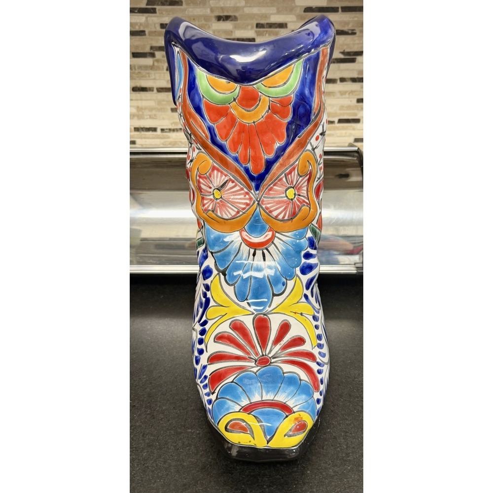 LG Mexican Bright Colorful Handpainted TALAVERA 13" Cowboy Boot Planter Unused